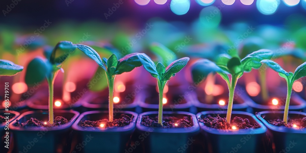 Poster Close-up of young plant seedlings with glowing lights, symbolizing growth, technology, and innovation in modern agriculture and horticulture. 