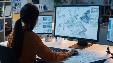 Architect Woman Working on Building Plans with Computer and Blueprints
