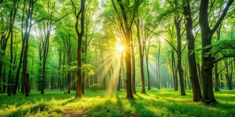 Obraz premium Morning sunshine filters through the lush green trees in a peaceful forest setting