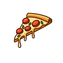 illustration of flying  pizza with melted cheese and pieces of meat and spring onions