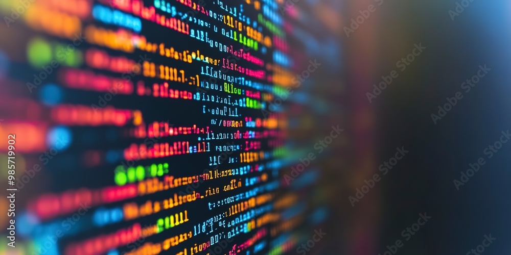 Poster close-up of colorful computer code on a monitor, with a blurred background, depicting the concept of