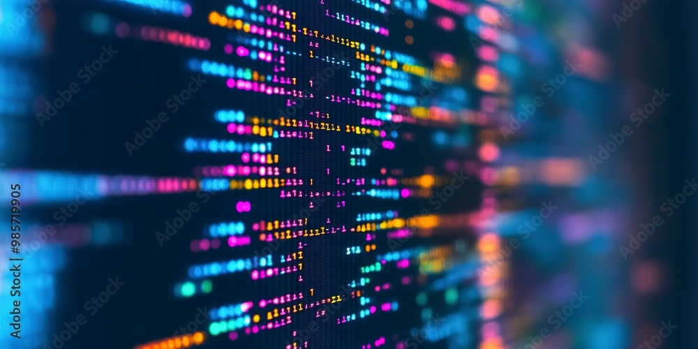 Poster close-up of colorful computer code on a monitor, with a blurred background, depicting the concept of