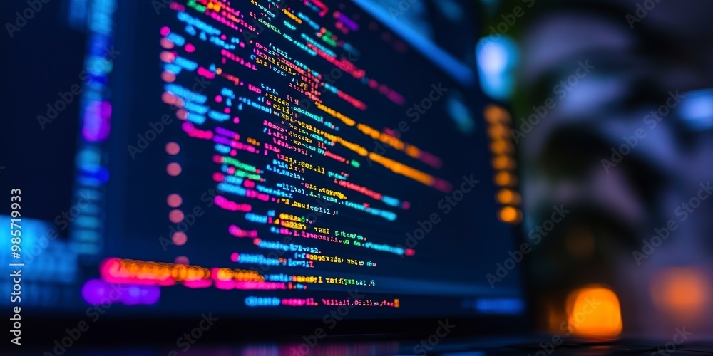 Poster close-up of colorful computer code on a monitor, with a blurred background, depicting the concept of