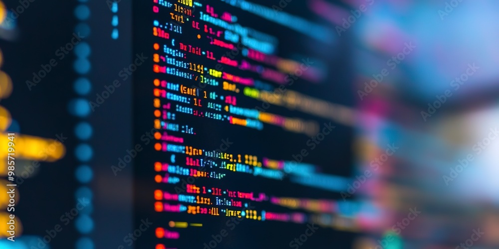 Poster close-up of colorful computer code on a monitor, with a blurred background, depicting the concept of