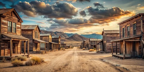 Old ghost town with weathered wooden buildings and dusty dirt streets in wild west setting