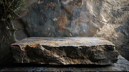 Obraz premium Rugged weathered rock formation with textured surfaces and mossy crevices set against a dramatic natural landscape The monochromatic minimalist scene evokes a sense of the ancient
