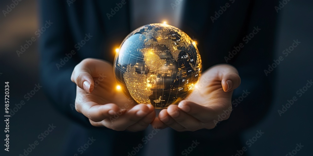 Sticker Close-up business woman hands holding shining earth globe symbolizing business innovation strategy and global world market sustainability with charts and graphs