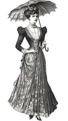 
Vintage illustration of a lady with a parasol, a full-body portrait in the Victorian dress fashion style