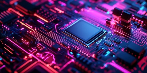 Obraz premium close up of a microchip circuit interior of a computer with neon lights in detail, circuit board.