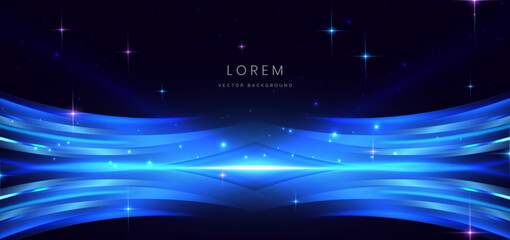 Obraz premium Scence futuristic glowing blue neon light ray with speed motion moving on dark blue background.
