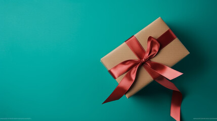 Gift Box with Red Ribbon on Turquoise Background