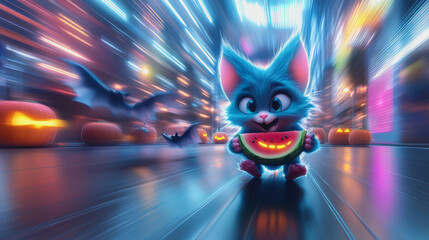 Whimsical vampire with glowing pumpkins and vibrant Halloween colors