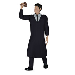Male Judge Character. A male judge walks with his right hand raised up holding a court hammer. 3D Courtroom Style