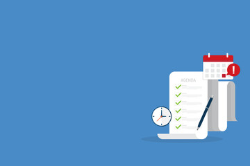 Meeting agenda. Reminder with a event list and schedule. Presentation with memo, Assignment target. Paper document, checklist. Project task management and effective time.	