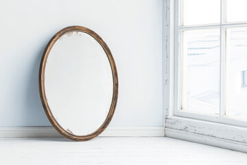 A minimalist interior setting featuring a round mirror on a white dresser beside a potted plant and sheer curtains in natural light