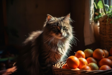 Fluffy Cat with Sunlit Fur Looking at Oranges in a Basket