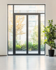 Fototapeta premium A tall, reflective mirror stands elegantly beside a bright window with sheer curtains in a modern interior space illuminated by soft sunlight