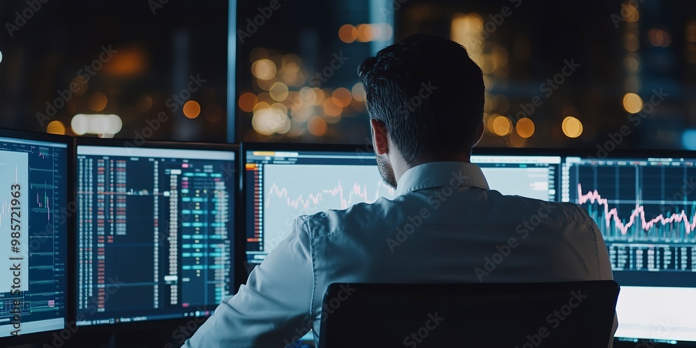 Sticker Business man trader big data analyst looking at computer monitor, stock broker analysing indexes, financial chart trading online on screen 