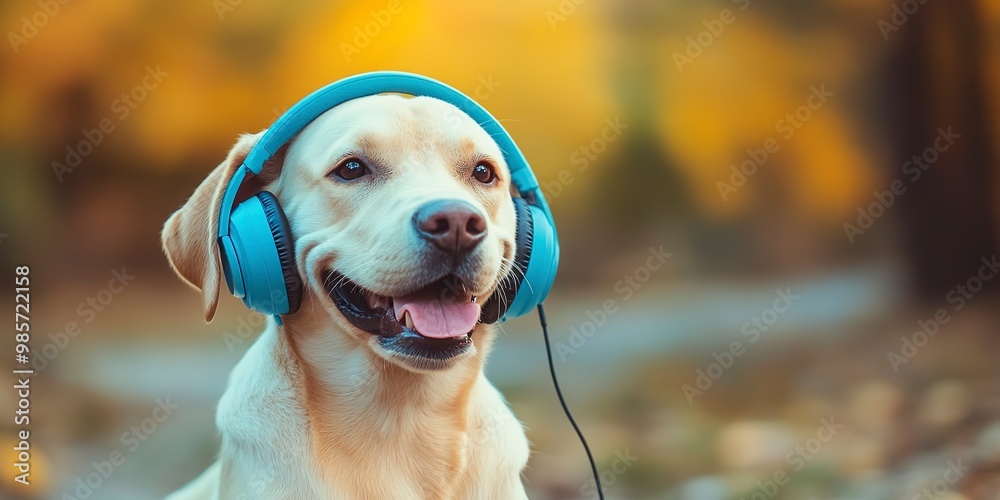 Poster blue puppy happy generation background earphones dog animal pet listen cute mammal music sound cheerful funny relaxation podcast playlist wearing melody humor amusing