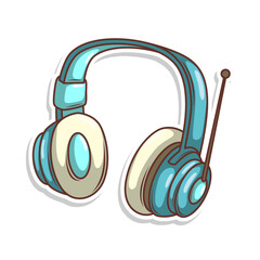 Hand drawn cute cartoon illustration of wireless headphones. Flat vector headset sticker in simple colored doodle style.