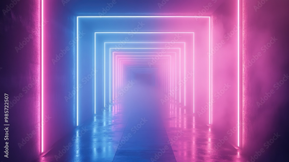 Wall mural futuristic neon tunnel with blue and pink light.