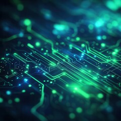 Fototapeta premium The blue and green abstract electronic PCB background featuring intricate 3D circuit lines and components The dynamic design and glowing connections create a futuristic tech atmosphere