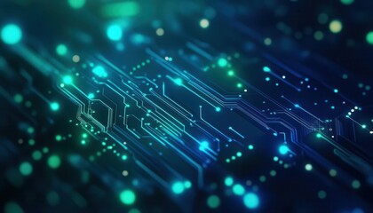 Blue and green abstract electronic PCB background with intricate 3D circuit paths and glowing elements The sharp lines and modern