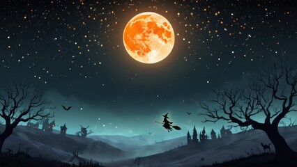 Naklejka premium A Halloween scene with a witch flying against an orange full moon, a spooky castle on a hill, and barren, twisted trees under a starry sky