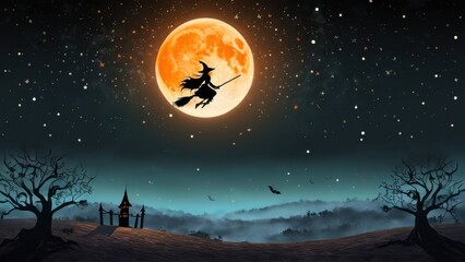 Fototapeta premium A Halloween scene with a witch flying against an orange full moon, a spooky castle on a hill, and barren, twisted trees under a starry sky