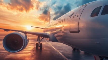 Obraz premium Airplane at Sunset on the Runway.