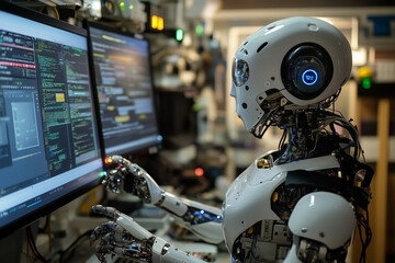 Fototapeta premium robot is sitting in front of a computer monitor with a blue screen. The robot is wearing a helmet and has a white body. The robot appears to be working on a computer