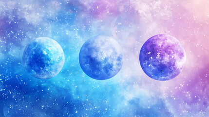 Fototapeta premium Planets painted with watercolors in blue and purple
