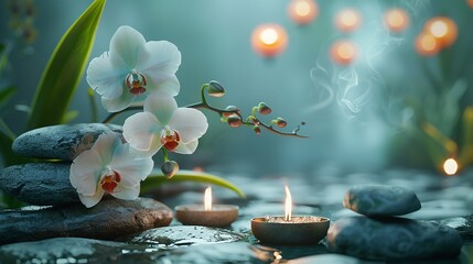 Zen Stones Candles and White Orchid Flower on Green