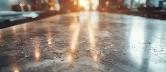 Bright sunlight reflecting on the smooth concrete floor with a clean minimalist design  The image showcases the simple yet elegant industrial aesthetic of the urban interior space