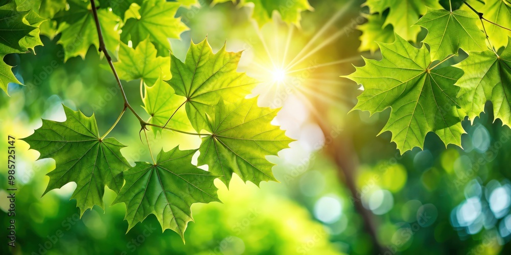 Aufkleber sunlight filtering through lush green platanus tree leaves in a serene setting