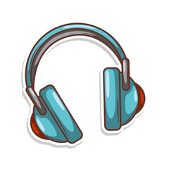 Hand drawn cute cartoon illustration of wireless headphones. Flat vector headset sticker in simple colored doodle style.