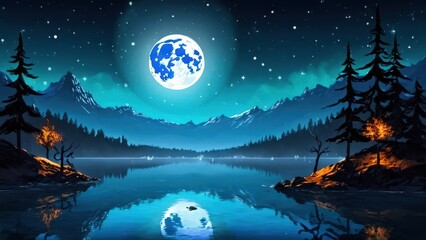 Fototapeta premium A serene night landscape with a glowing full moon reflecting on a calm lake, surrounded by mountains and trees with orange leaves, creating a peaceful and mystical scene