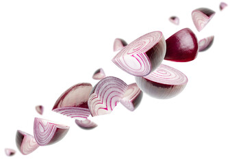 Pieces of red onion fly through space forming a chain shape. Isolated on white.