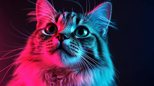 Captivating close-up of a fluffy cat under colorful neon lighting in a cozy indoor setting