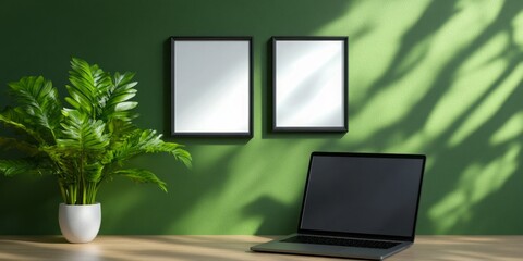 A minimalistic interior design with a laptop, plant, and two blank frames against a green wall. The natural light creates a warm and inviting atmosphere.