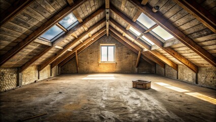 Desolate attic room with dusty floor and bare walls