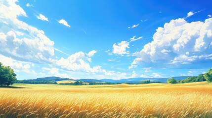 Fototapeta premium An anime-style countryside with golden fields under a bright blue sky, symbolizing the calm and beauty of rural life.