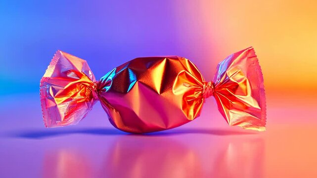 Colorful wrapped candy on a vibrant background showcasing a sweet treat in an artistic setup