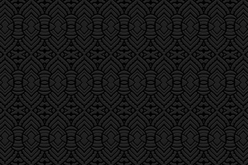 Black background, tribal cover design, banner. Geometric original 3D pattern, embossing. Ethnic vintage ornaments, arabesques, mandala of the East, Asia, India, Mexico, Aztec, Peru in handmade style.