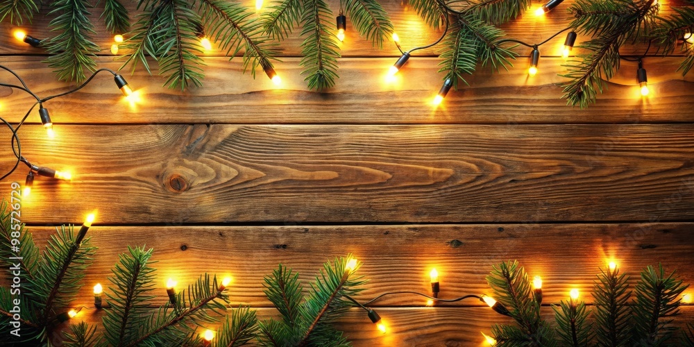Poster wooden surface with christmas tree lights glowing beneath, creating a warm and festive atmosphere