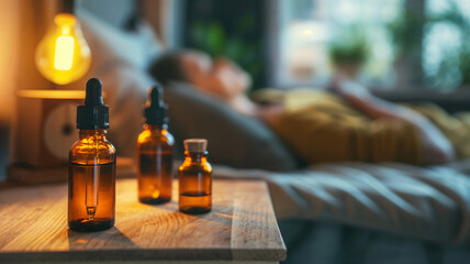 Bottles of aromathreapy essential oil for healthy sleep in the bedroom, with a woman sleeping in the background