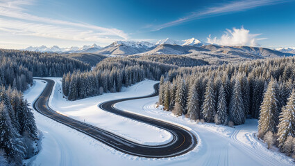 Winding road leading through snow covered forest in winter