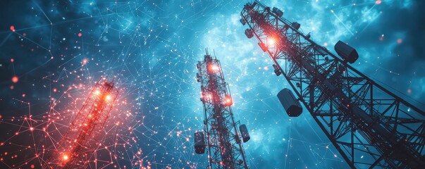 Communication via cell towers in telecommunication, with signals radiating, tower networks, and connected devices.