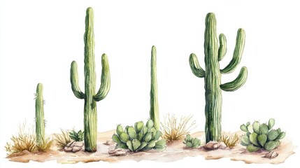 Botanical display of green cactus in desert, watercolor style