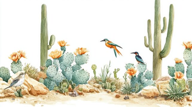 Cactus and desert wildlife, birds and small animals, watercolor style